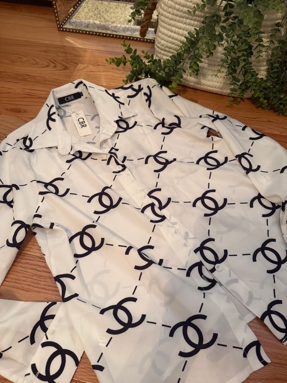 CBR White Button-Down Shirt with Black Logo Grid